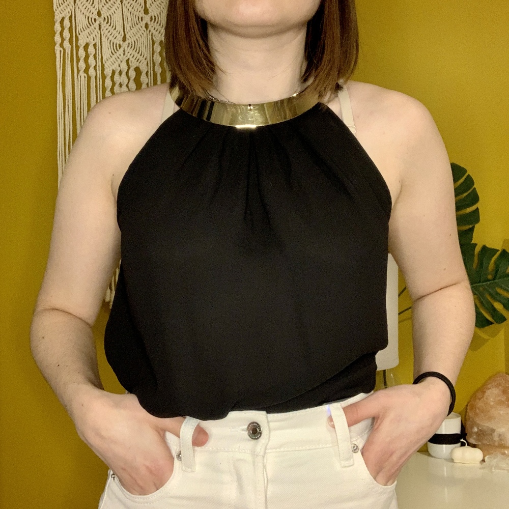 BLACK BLOUSE WITH METAL NECKLINE